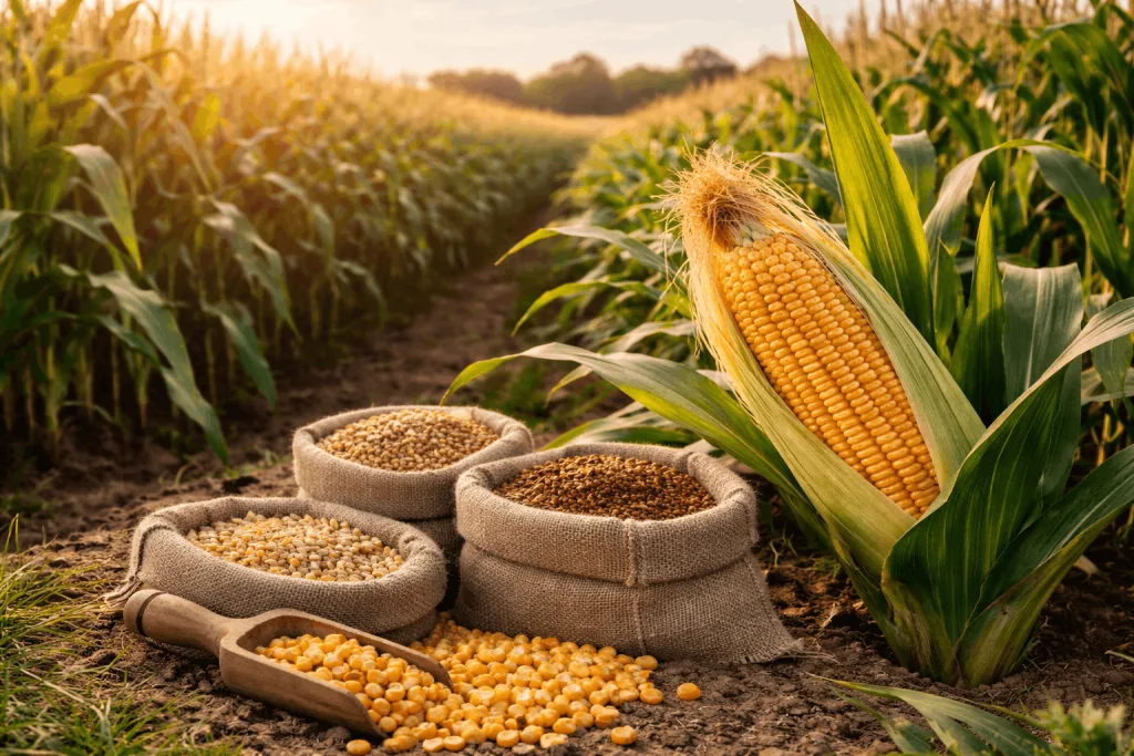 Golden cornfield with burlap sacks 1