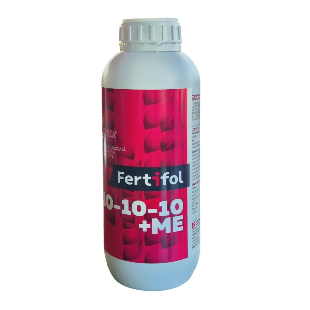 Fertifol 10-10-10 +ME îngrășământ foliar echilibrat NPK cu microelemente 1 litru – vedere frontală flacon