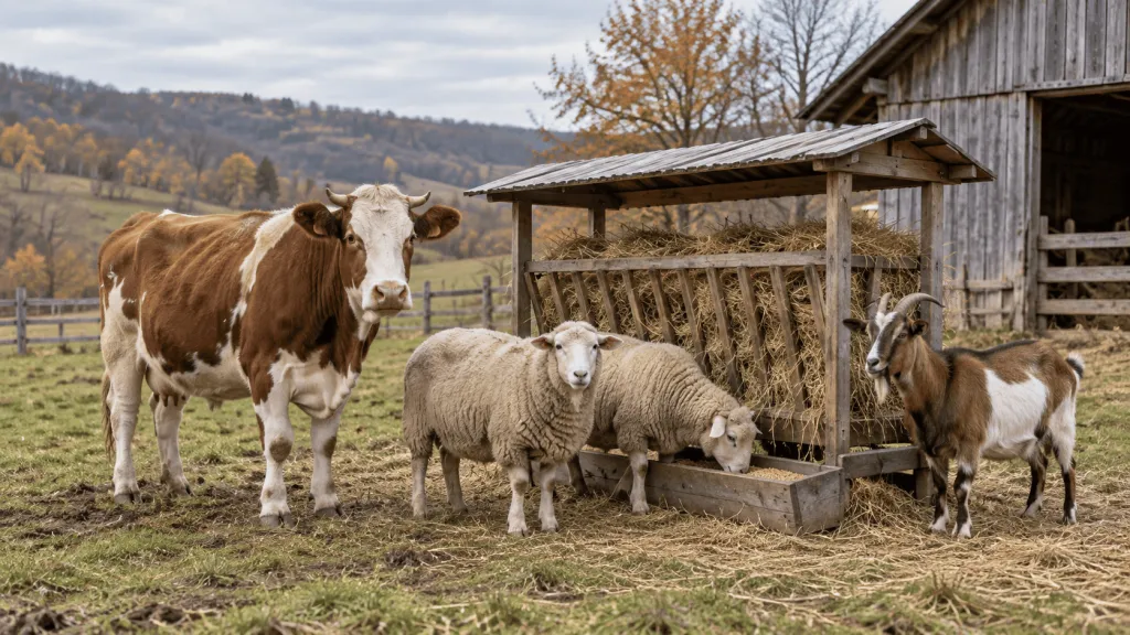 Bovină, oi și capră lângă fân în perioada de tranziție la furajarea de toamnă