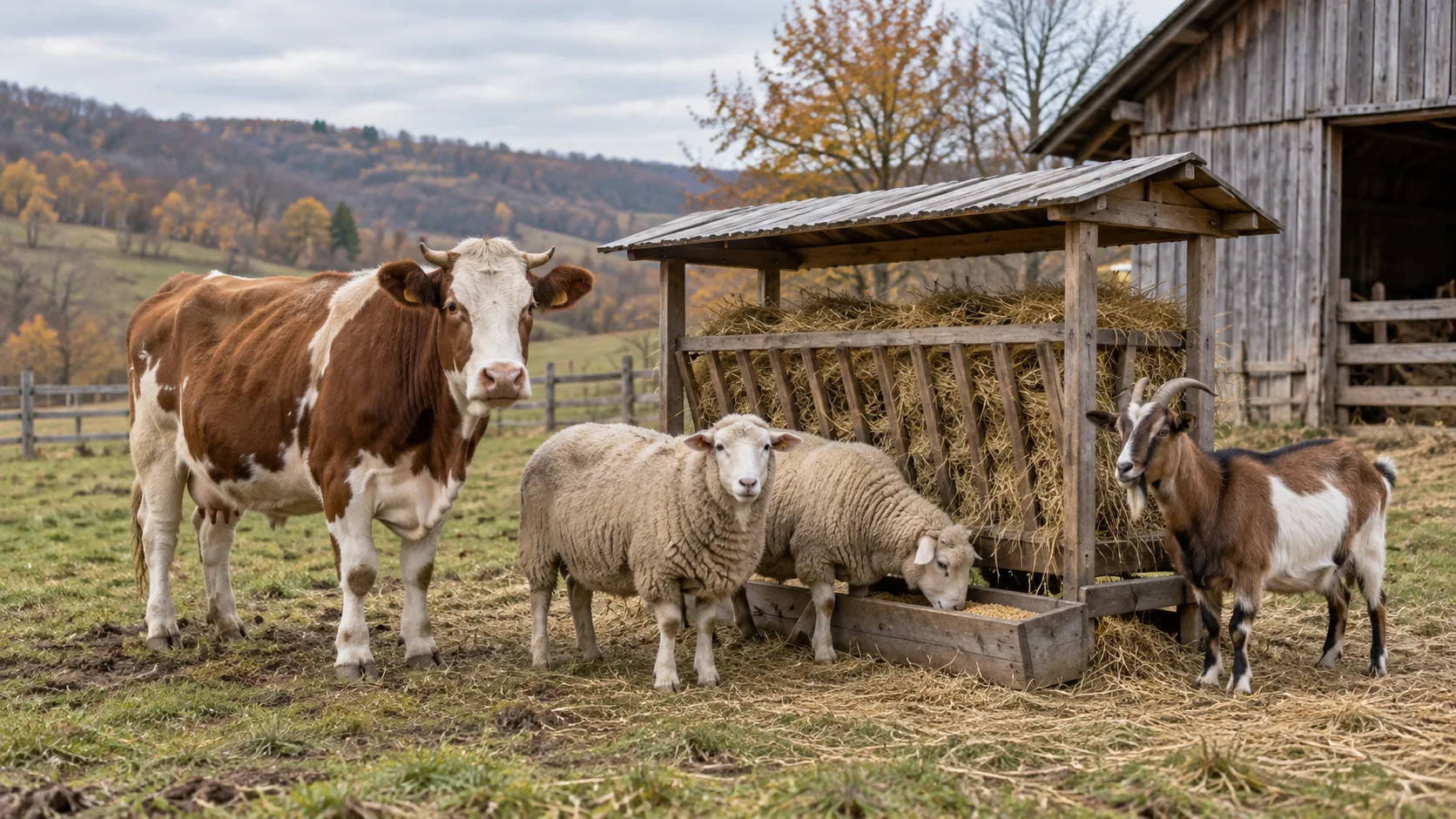 Bovină, oi și capră lângă fân în perioada de tranziție la furajarea de toamnă