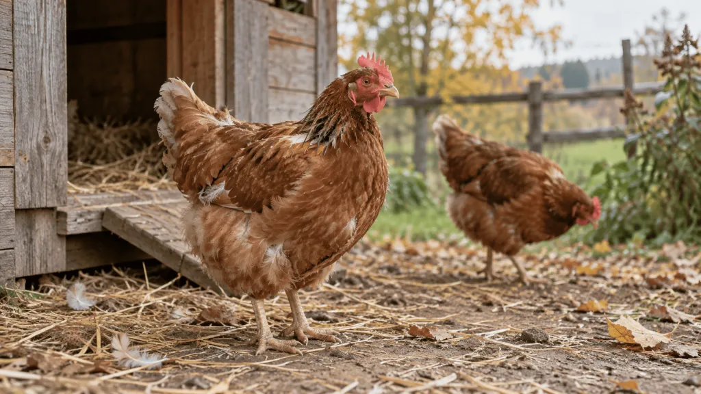 Două găini ouătoare în perioada năpârlirii de toamnă, lângă un coteț rustic