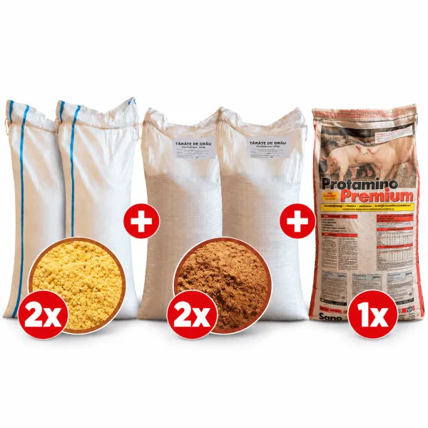 Pachet Furaje Porci la Îngrășat FAZA 2 | (40–100 kg) | 2x Mălai + 2x Tărâțe + 1x Sano Protamino Premium