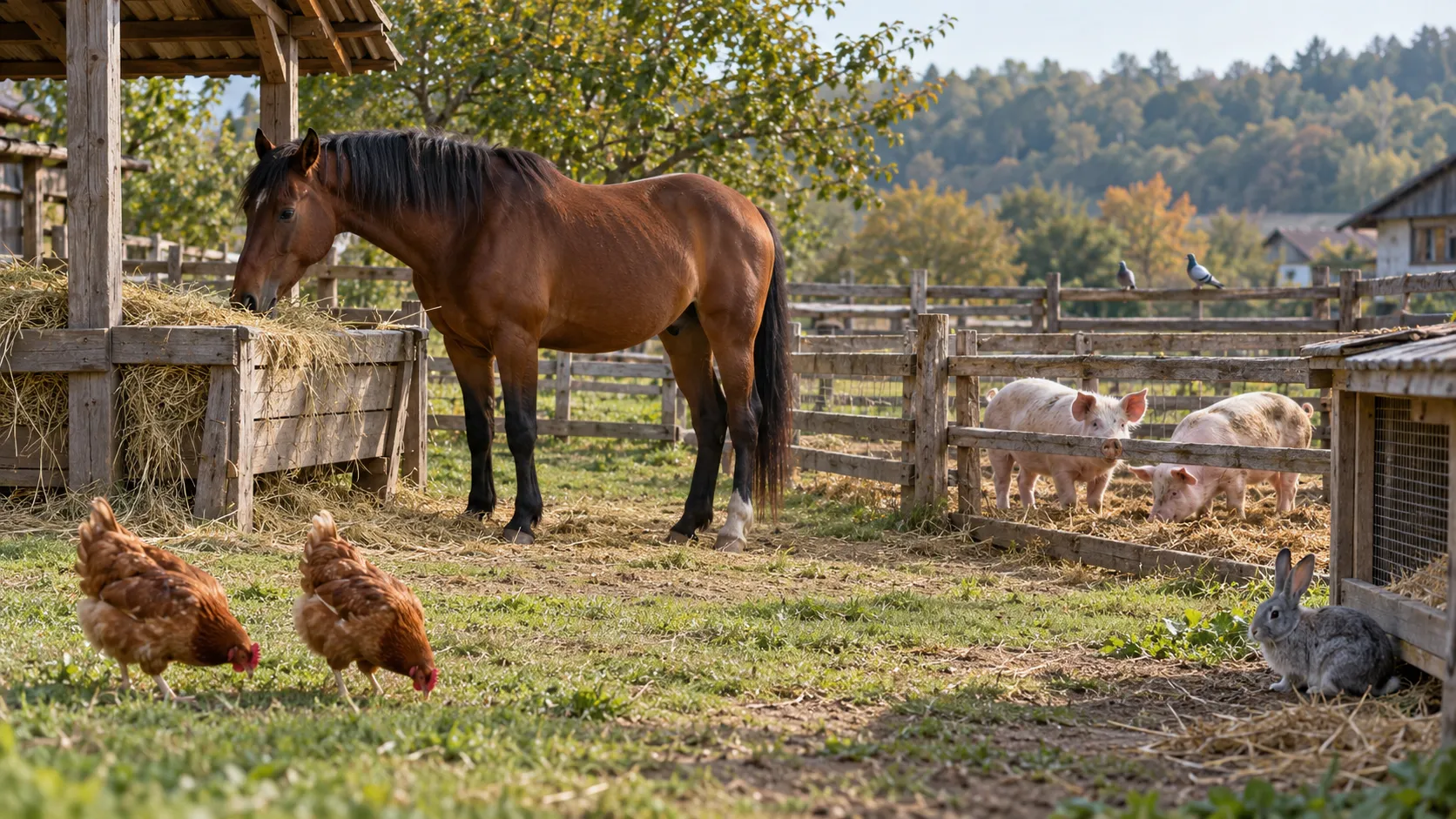 Cal, porci, găini, iepure și porumbei într-o gospodărie rurală