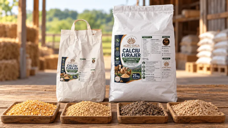 Calciu furajer Agro Daia în ambalaje de 5 kg și 25 kg, alături de porumb măcinat, șroturi și tărâțe.