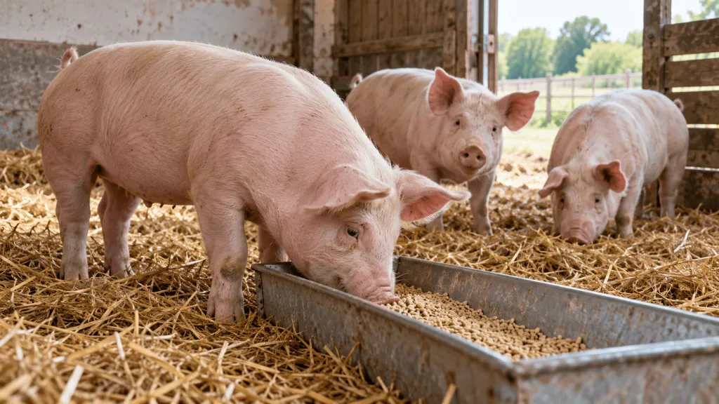 Trei porci într-un adăpost luminos, unul mâncând furaj granulat dintr-o hrănitoare metalică.