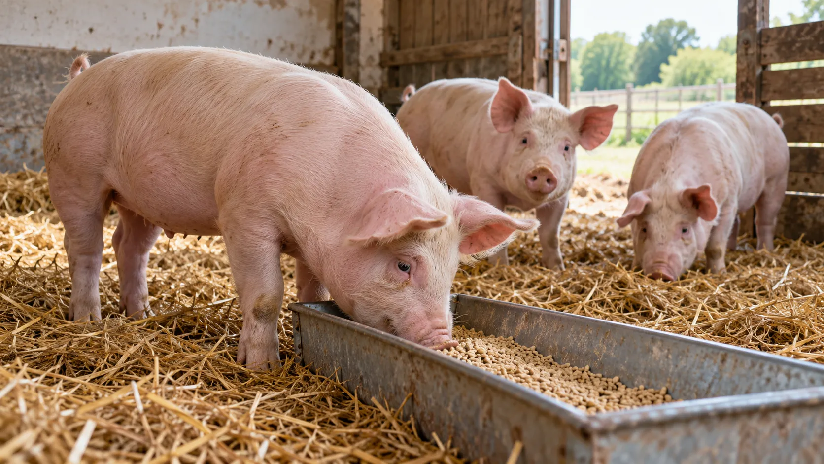 Trei porci într-un adăpost luminos, unul mâncând furaj granulat dintr-o hrănitoare metalică.