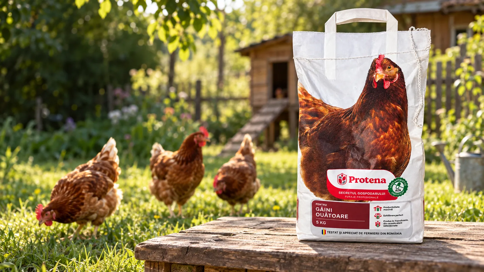 Concentrat pentru găini ouătoare Protena, sac de 5 kg, într-o gospodărie cu găini