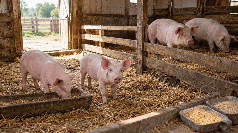Purcei și porci la îngrășat în țarcuri alăturate, într-un adăpost cu paie, alături de mălai și tărâțe.