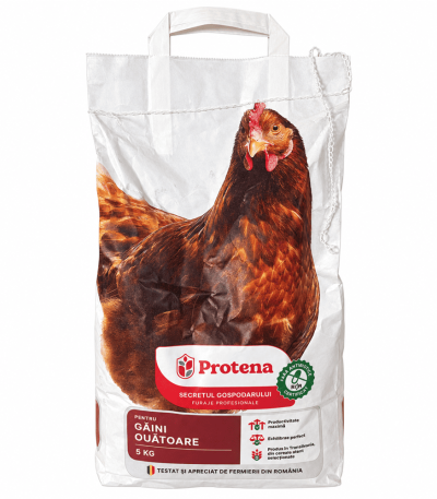 Concentrat pentru găini ouătoare Protena, sac de 5 kg, pe fundal alb