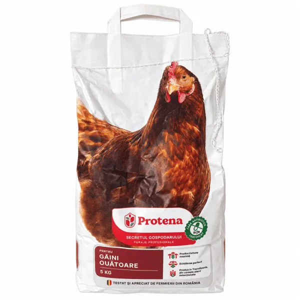 Concentrat pentru găini ouătoare Protena, sac de 5 kg, pe fundal alb